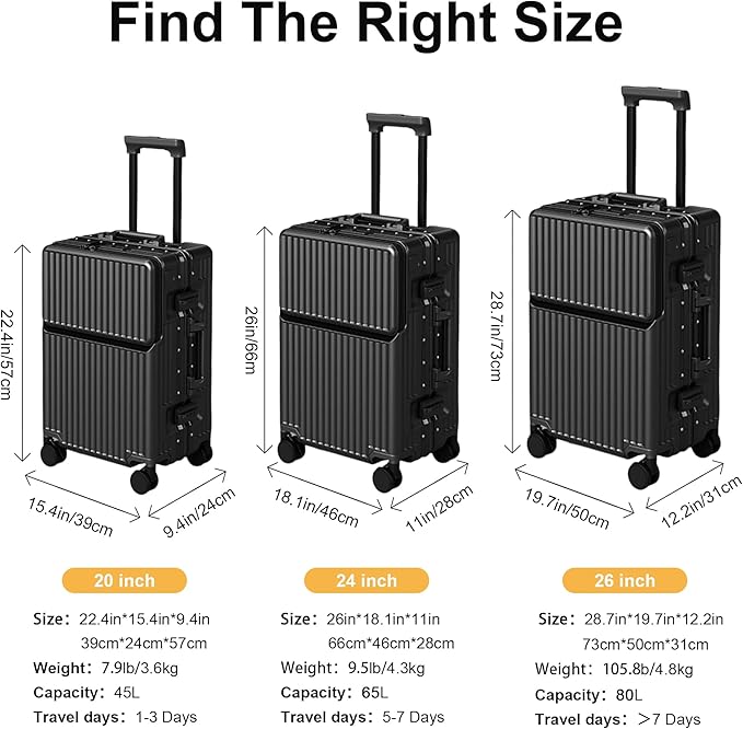 Zipperless Luggage, Polycarbonate Aluminum Hard Shell, Expandable Carry-On Suitcase with Spinner Wheels, Hard Shell Suitcase, 26 Inch Cabin