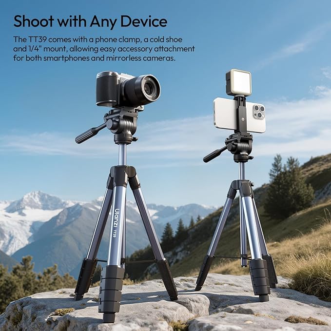ULANZI TT39 Travel Tripod with Fluid Head, Lightweight Camera Stand for DSLR and Phone, Compact 61'' Tripod Mount with Phone Clip for Outdoor Vlogging and On-The-Go Shooting
