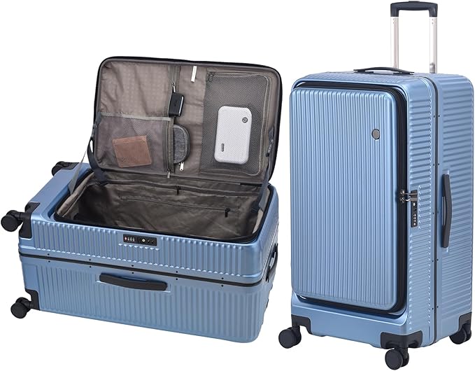 29 Inch Aluminum Checked Luggage with Side Opening Zipper, 40 * 37 * 77cm, 113L, Lightweight Hardshell ABS+PC Suitcase with TSA Lock, 360° Universal Wheels, Dark Blue