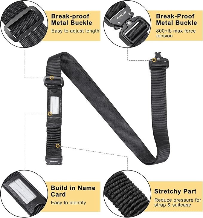 Vigorport Luggage Straps for Suitcases TSA Approved Suitcase Belt, Stretchable Travel Strap for Luggage, Heavy Duty Metal Buckle Luggage Belt Strap (Black, 72" Long/1PK)