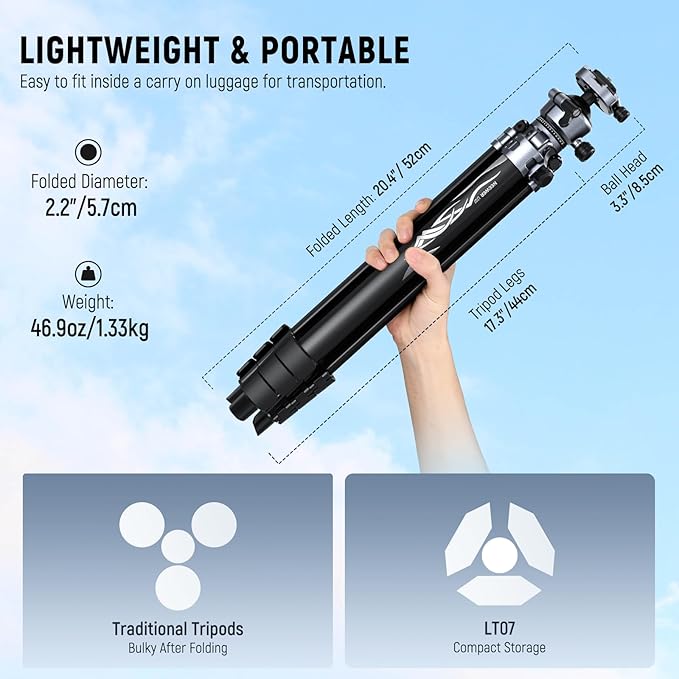NEEWER LITETRIP LT07 61" Aluminum Travel Tripod Stand for Camera with Pan Tilt Low Profile Ball Head, Arca QR Plate Compatible with Peak Design Tripod Plate V3, Dual Center Axis, Max Load 22lb