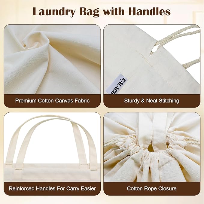 Canvas Laundry Bags 18x18in with Handles & Square Base, Extra Large Heavy Duty Laundry Basket Hamper Liner, Washable Drawstring Dirty Clothes Bag Canvas Storage Sack (Natural XL,1 Pack)