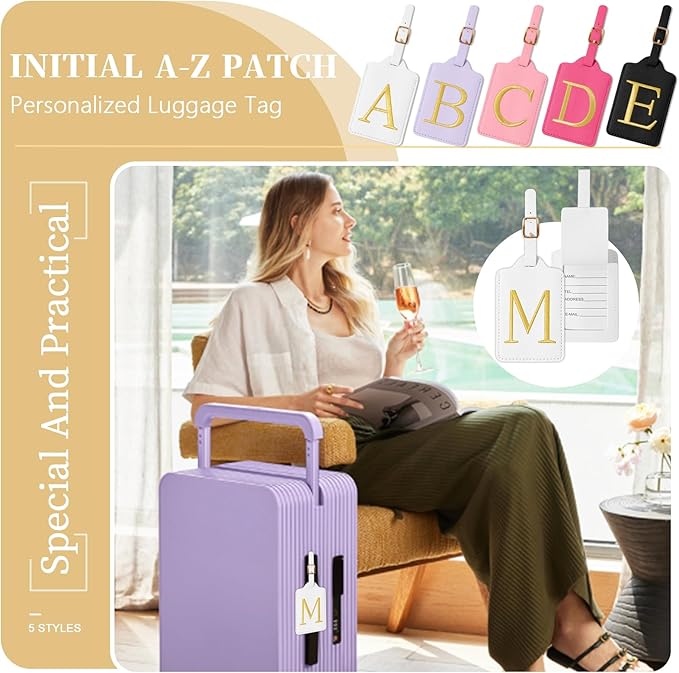 Personalized Initial Luggage Tags for Suitcase TSA Approved, White Leather Cute Luggage Tag with Privacy Cover Name Card, Embroidered Custom Luggage Tags Travel Baggage Tags Gifts for Women Kids(M)