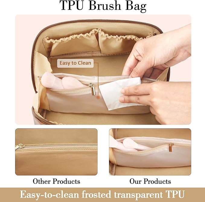Birthday Gifts for Women Teen Girl, Personalized Initial Makeup Organizer Bag Set, Open Flat Travel Cosmetic Bag With Clear Divider and Handle(Brown,W)