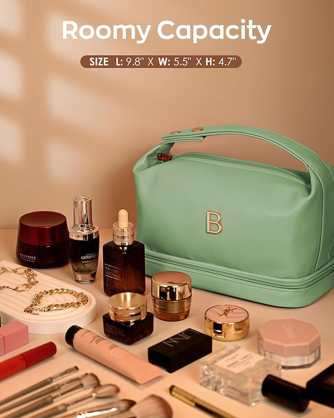Teen Girl Gifts Trendy Stuff, Makeup Bags for Women with Handle, Initial Double Layer Cosmetic Bag with Makeup Brush Organizer, Birthday Gifts for 11 12 13 14 15 16 17 18 19 Year Old Girls