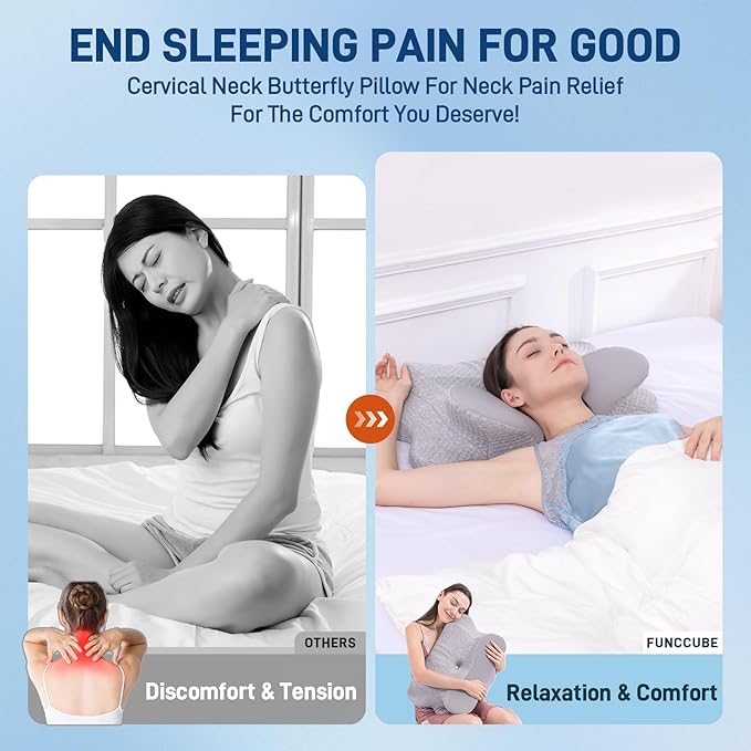 Cervical Neck Pillow - Memory Foam Pillow for Pain Relief Sleeping, Ergonomic Neck Support Contour Pillows for Side Back Stomach Sleepers,Orthopedic Breathable Pillowcase, Grey