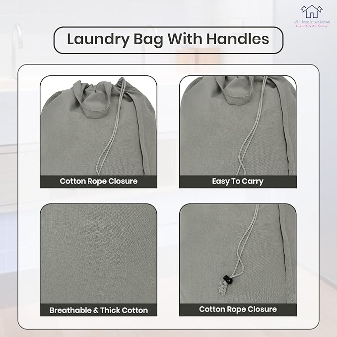 LFH Home Cotton Canvas Large Laundry Bag with Handle, Heavy Duty Drawstring Closure Washable Laundry Bags, School Travel, Home, Hotel, College Dorm, Organizer Sack, Toys Clothes 28x36 (Pack of 4)-Grey