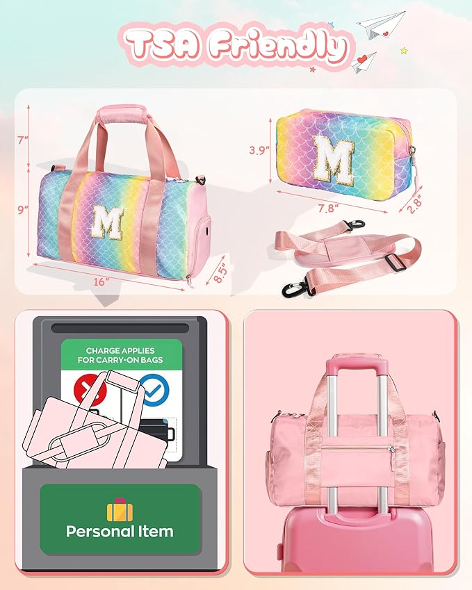Dorm Room Essentials for Girls-Girl Gym Bag with Shoe Compartment, Kid Personalized Weekender Overnight Bags, Initial Travel Tote with Makeup Pouch, Preppy Stuff Gifts for Kids (Letter F)