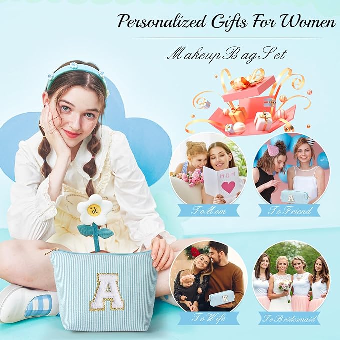 YOOLIFE Cute Makeup Bag for Women Girls - Personalized Teenager Girl Gift Ideas | Initial Make Up Bag | Gifts for Women Friends | Skin Care Bag | Mothers Day Gifts | Tween Girls Trendy Stuff L