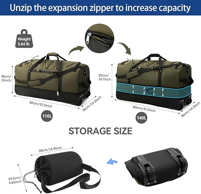 110L Expandable to 140L 32” Foldable Oxford Soft-Sided Rolling Duffle Bag with 2 Heavy-Duty Wheels,3 Large Compartments,Adjustable Shoulder Strap and Attached Organizer Pouch,Green