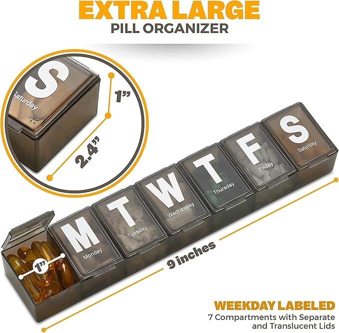 Weekly Pill Organizer - (Pack of 3) Extra Large Vitamin Container with Jumbo Easy to Read Letters, BPA Free - Daily Travel 7 Day Medication Pill Box Case, (Black)