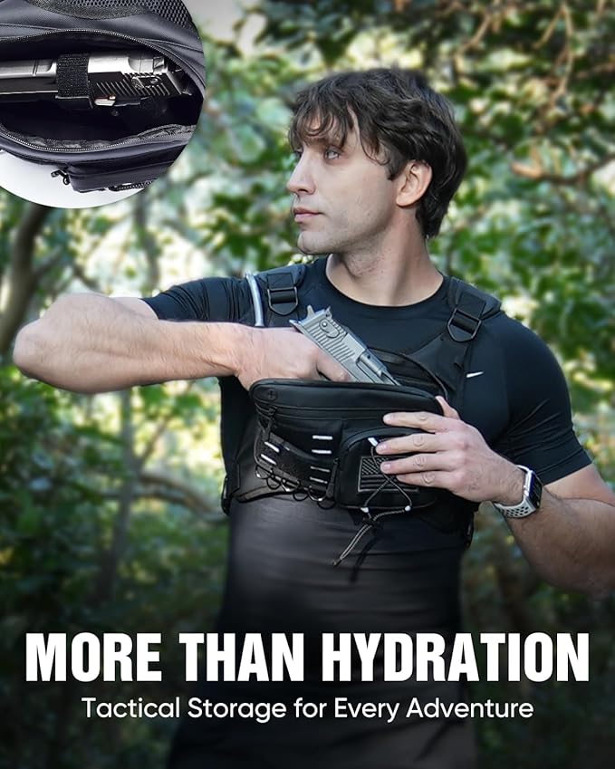 Running Vest with 2L Water Bladder, USA Original Patent, Lightweight Adjustable Chest Pack with Pistol Holster, Reflective Running Hydration Vest for Women Men for Marathon