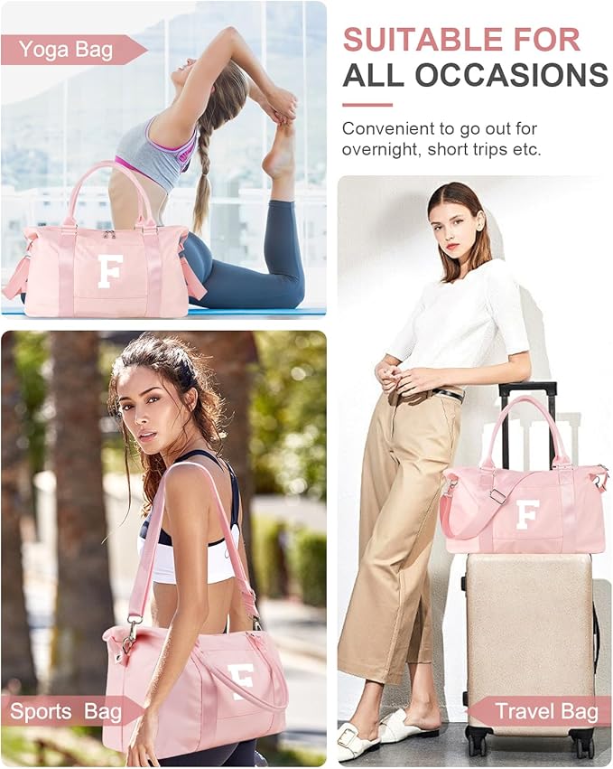 Initial Travel Duffel Bag Sports Gym Bag for Girls Teen Birthday Gifts,Pink Personalized Weekender Bag Carry On Tote Bags for Women Men,Waterproof Overnight Luggage Bag with Trolley Sleeve(Letter F)