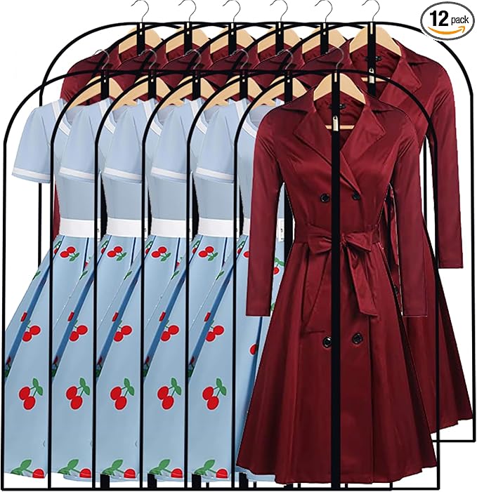 Garment Bags for Hanging Clothes 24'' x 48'' (Set of 12) Coat Covers for Closet Foldable Washable Dress Bags for Hanging Clothes for Long Dress Dance Costumes Suits Gowns Coats