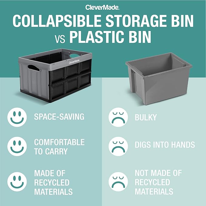 CleverMade Collapsible Storage Bins - Stone 3 Pack 62L - Stackable Containers Heavy Duty Capacity Folding Crates - Space-Saving for Home