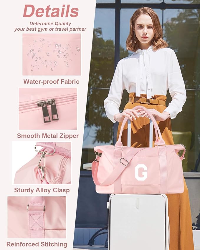Initial Travel Duffel Bag Sports Gym Bag for Girls Teen Birthday Gifts,Pink Personalized Weekender Bag Carry On Tote Bags for Women Men,Waterproof Overnight Luggage Bag with Trolley Sleeve(Letter G)