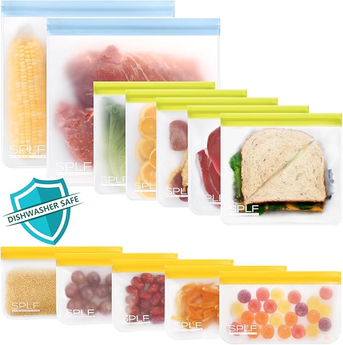 SPLF 12 Pack Dishwasher Safe Reusable Bags Silicone, Leakproof Reusable Freezer Bags, BPA Free Reusable Storage Bags for Lunch Marinate Food Travel - 2 Gallon 5 Sandwich 5 Snack Bags