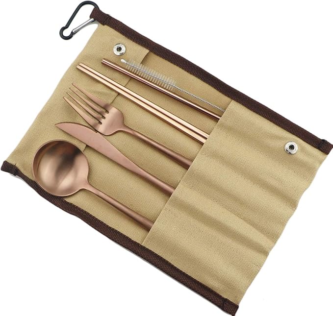 Gugrida Reusable Travel Utensils, 7 Piece Portable 304 Stainless Steel including Knife Fork Spoon Chopsticks Cleaning Brush Straws Portable Pouch, Eco-friendly Camping Silverware Set, Dishwasher Safe