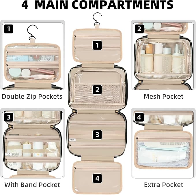 BAGAIL Hanging Toiletry Bag for Women Water-resistant Cosmetic Bag Large Capacity Travel Makeup Organizer for Full-Sized Travel Essentials(Classic+Jewelry Bag, Black)