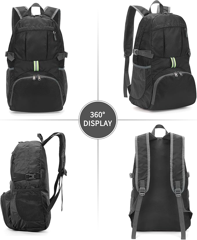 Yaopeing Lightweight Backpack,25L Foldable Hiking Packable,Water Resistant Travel Outdoor Shoulder Bag for Woman Men,Black