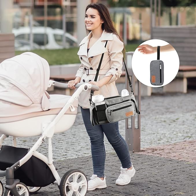 Momcozy Universal Stroller Organizer with Insulated Cup Holder Detachable Phone Bag & Shoulder Strap, Fits for Stroller like Uppababy, Baby Jogger, Britax, BOB, Umbrella and Pet Stroller