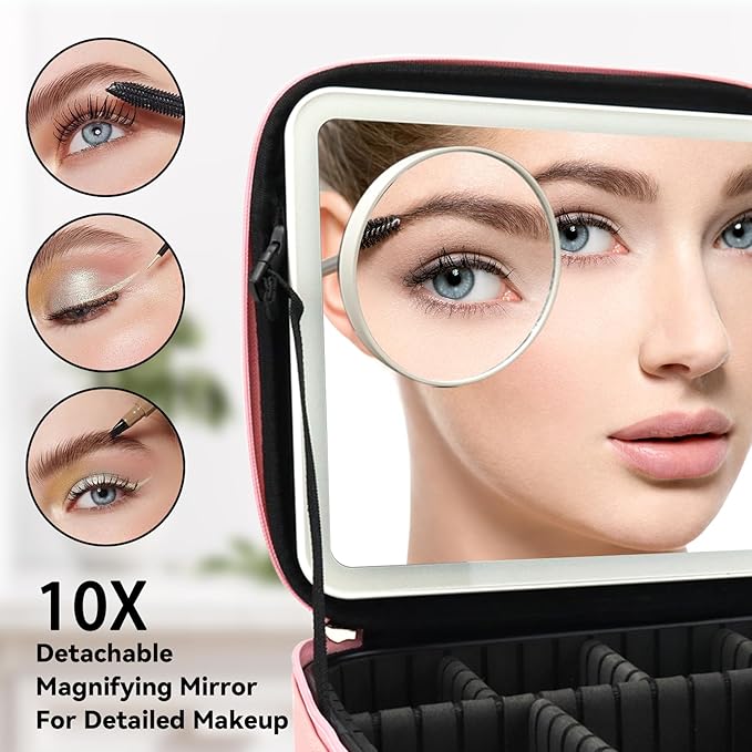 Travel Makeup Bag with LED Mirror and 10x magnifying glass with 3 Lighted Settings, Adjustable Dividers and Makeup Brush Storage Bag Pink