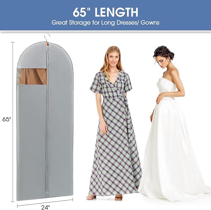 Dress Bags for Gowns, 65'' Long Garment Bags for Hanging Clothes, Dress Garment Bag, Grey Dress Cover with Clear Window for Dresses, Coats, Uniforms - 2 Pack