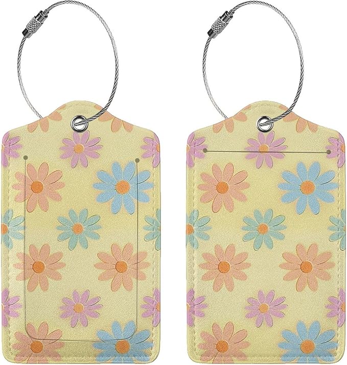 Flowers Leather Luggage Tag with Stainless Steel Ring, Fun Name Id Card Cover Travel Bag Tag Set, Suitable for Travel Bag Luggage Women Men 4 PCS