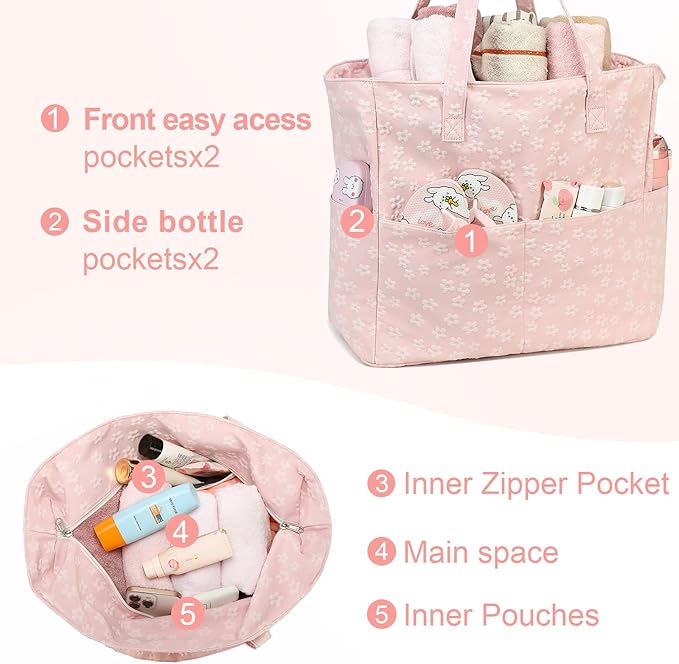 LEDAOU Large Beach Tote Bag Women Waterproof Sandproof Zipper Beach Tote Bag for Pool Gym Grocery Travel with Wet Pocket