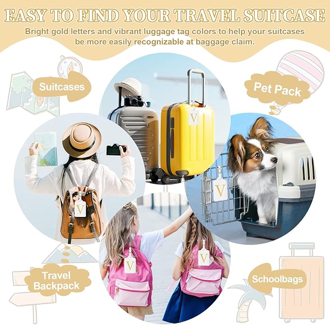 Personalized Initial Luggage Tags for Suitcase TSA Approved, White Leather Cute Luggage Tag with Privacy Cover Name Card, Embroidered Custom Luggage Tags Travel Baggage Tags Gifts for Women Kids(V)