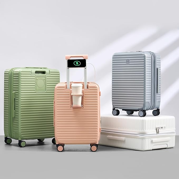 Hard Shell 20 Inch Carry on Luggage Expandable Travel Luggage, TSA Approved Luggage with Cup Holder Charger Built in, Lightweight Small Suitcases with Wheels, Bamboo Green