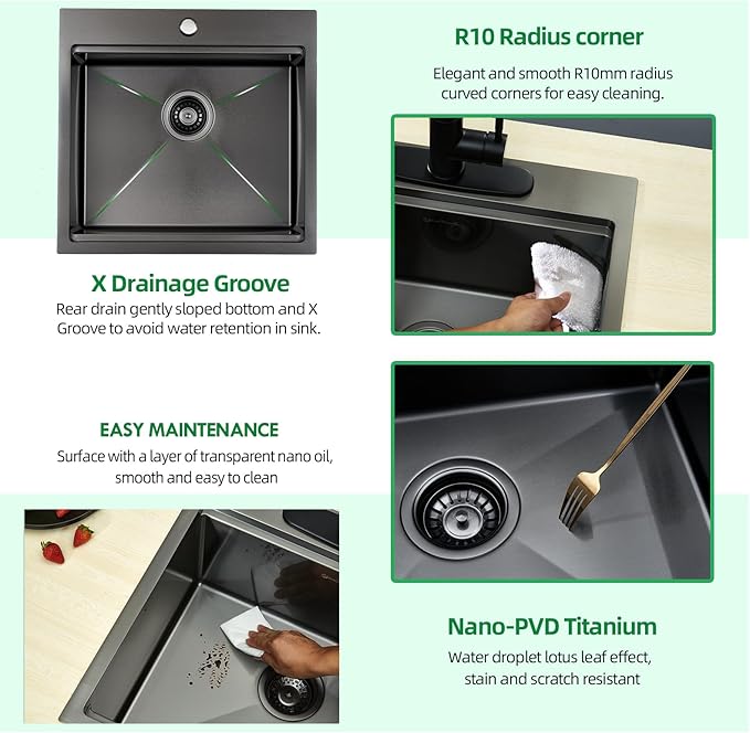 21 x 20 x 10 Drop-in Kitchen Sink - 16 Gauge Gunmetal Black Stainless Steel Workstation Single Bowl With Cutting Board