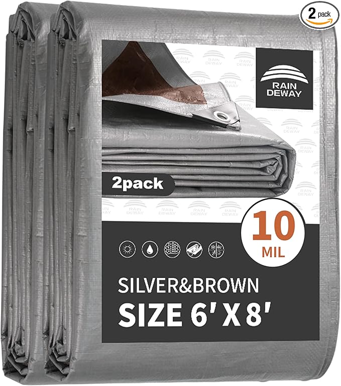 Tarps Heavy Duty Waterproof 6x8 Feet (2 Pack), 10Mil Multipurpose Tarp Cover with Metal Grommets and Reinforced Edges, Silver/Brown Tarp by RAINDEWAY
