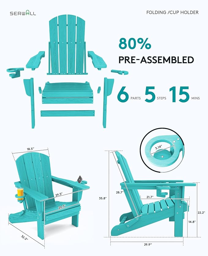 SERWALL Adirondack Chair with Cup Holders - Composite Adirondack Chairs Set of 4 HDPE Outdoor Chairs All Weather Use- Aruba