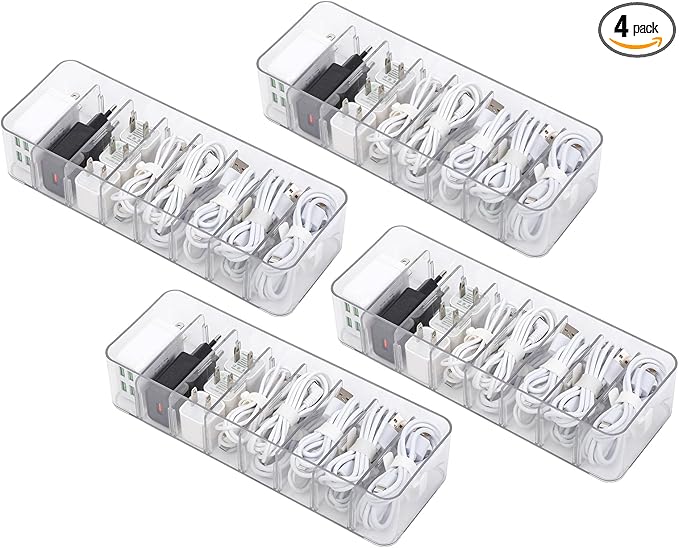 Yesesion 4 Pack Cord Organizer Box with 40pcs Wire Ties, Plastic Charger Storage Case with Adjustable Dividers for Desk Drawer, Home Office Supplies, Stationery, Data Cable, USB, Battery Holder