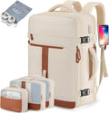 42L Travel Laptop Backpack, Expandable Carry-on Luggage, Anti-Theft Business Weekender Bag with USB Port, 3 Packing Cubes & Shoe Bag (Beige)