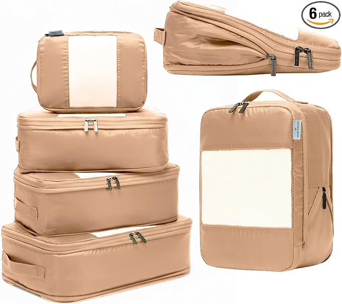 6-Pack Compression Packing Cubes Travel Essentials - Lightweight, Water-Resistant Luggage Organizer Bags with Handles, Durable Travel Accessories Suitcase Organizer (Mocha)