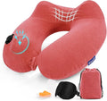 Inflatable Travel Neck Pillow for Airplane, Head Support Velvet Adult Neck Pillow for Long Flight, Kit with Eye Mask, Earplugs and Storage Bag,1, Rose Pink