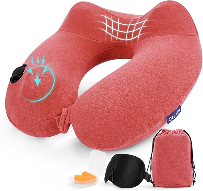 Inflatable Travel Neck Pillow for Airplane, Head Support Velvet Adult Neck Pillow for Long Flight, Kit with Eye Mask, Earplugs and Storage Bag,1, Rose Pink