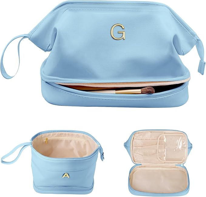 Gifts for Her, Initial Large Makeup Bags, Personalized Double Layer Cosmetic Bags with Makeup Brush Organizer, Waterproof PU Leather Travel Toiletry Bags for Wedding & Bridesmaid Gifts