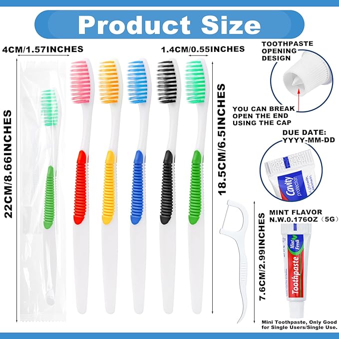 Disposable Toothbrushes with Toothpaste and Floss,30pcs Single Use Individually Wrapped Disposable Travel Toothbrushes and Dental Floss Kit Bulk for Homeless,Airbnb,Dentist,Hotel(5 Colors)