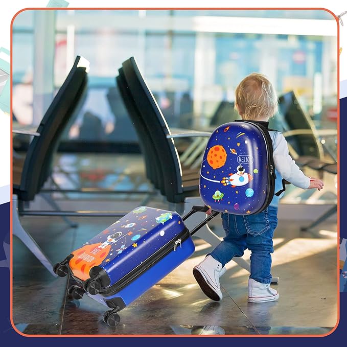 Weewooday Kids Luggage and Backpack 18" Suitcase with Spinner Wheel Hard Case Travel 13" Backpack Girl Suitcase Set for Kids Travel Supplies(Blue,Spaceman Style)