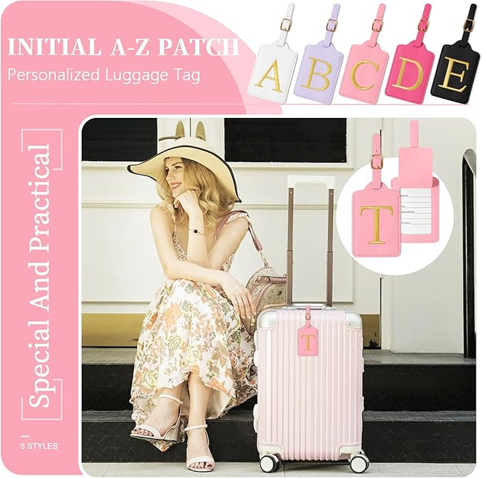 Personalized Initial Luggage Tags for Suitcase, Pink Leather Cute Luggage Tags with Privacy Cover Name Card, Embroidered Custom Monogrammed Luggage Tag Travel Bag Baggage Tags Gifts for Women Kids(T)