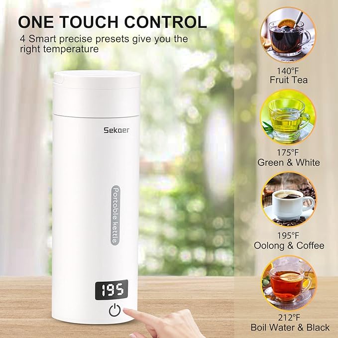 Sekaer Portable Electric Tea Kettle Travel Small Mini Coffee Kettle, with 4 Variable Presets, Personal Hot Water Boiler 304 Stainless Steel with Auto Shut-Off & Boil Dry Protection, SY-618A