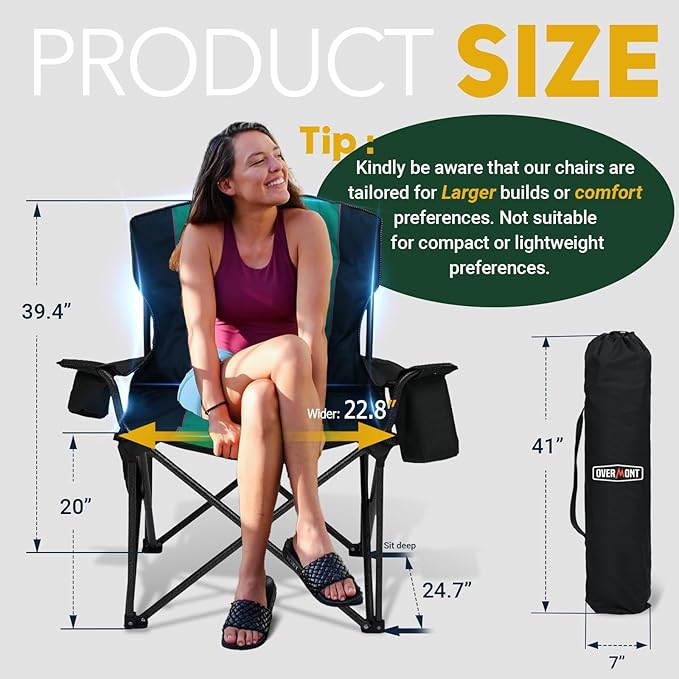 Overmont Oversized Folding Camping Chair - 450lbs Support with Padded Cushion Cooler Pockets - Heavy Duty Collapsible Chairs for Sports Garden Beach Fishing
