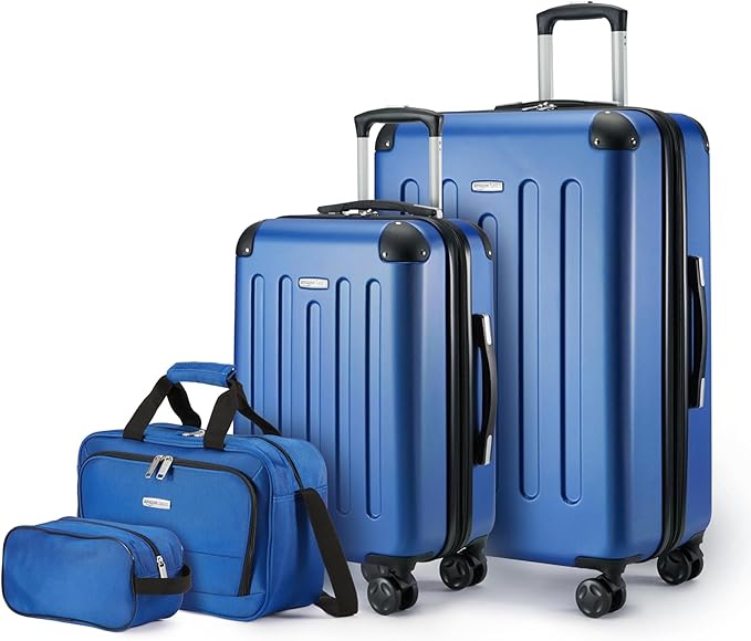 Amazon Basics 4-Piece Luggage Set, Including Two Hardside Suitcases With Multi-directional Spinner Wheels (22" Carry-On and 28" Checked), 15" Tote Bag and 10" Compact Travel Bag, Navy Blue