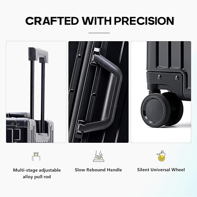 YYW Aluminum Carry-On Luggage Airline Approved Lightweight Suitcase with TSA Lock and Silent Wheels, Hardshell Spinner Business Travel (Black, 20in)