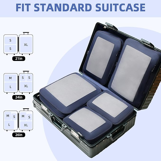 BAGAIL 4 Set/6 Set/8 Set Compression Packing Cubes Travel Accessories Expandable Packing Organizers (Square Mesh, 06-Navy)