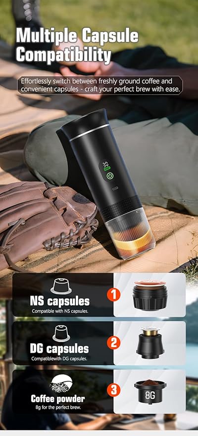 Portable Electric Coffee Maker, Digital Display, Compatible with Coffee Pods,Rechargeable Coffee Machine for Travel, Camping, RV,Home,Office (black)