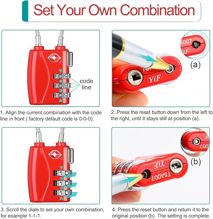 ZHEGE Luggage Locks TSA Approved 4 Pack Cable Padlocks for Suitcase, Baggage, Backpack, Pistol Case (Multiple Colors)